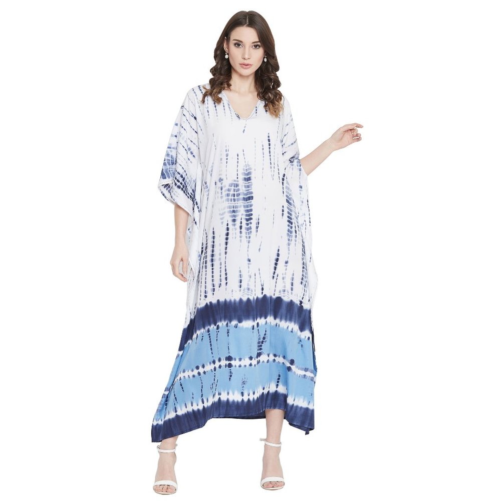 Womens  White and Blue Caftan Coverup Boho Maxi